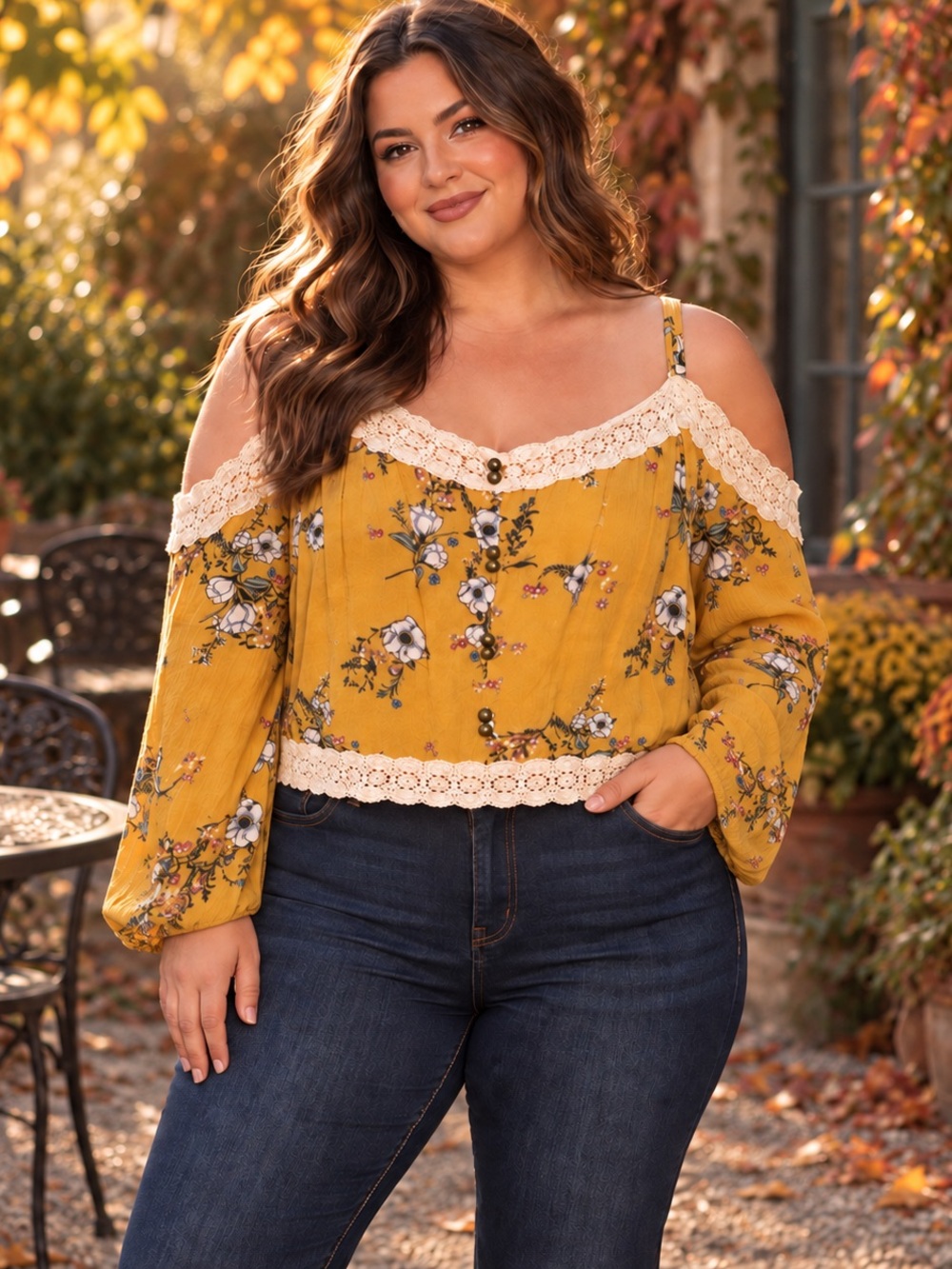 Rewind XXL Mustard Floral Cold Shoulder Top Lace Trim Boho Cottagecore